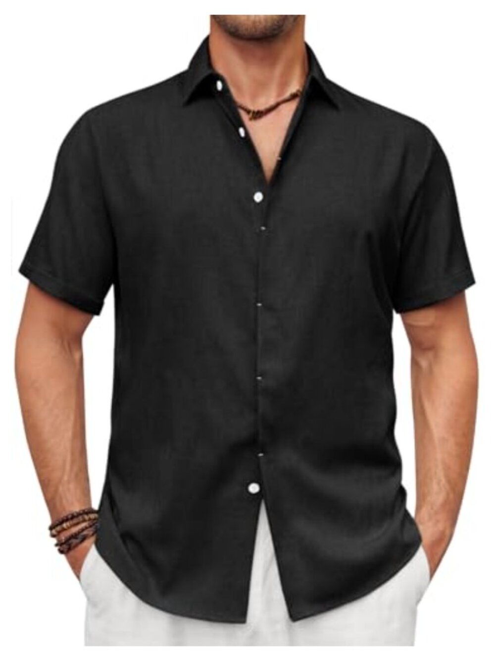 Men's Short Sleeve Button Down Shirt Faux Linen Casual Beach Wedding Top